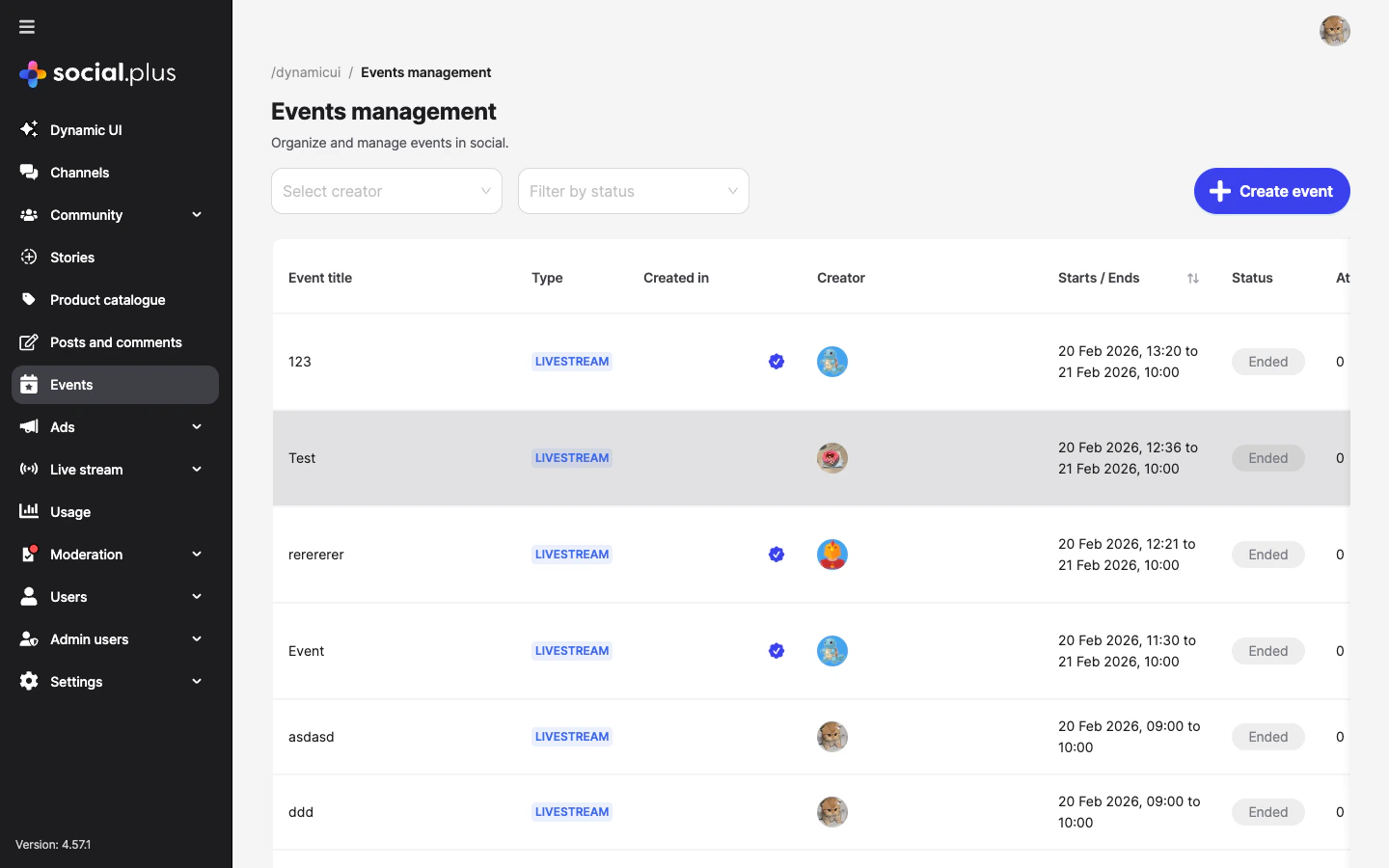 Admin Console events management table showing event titles, types, communities, creators, dates, and status