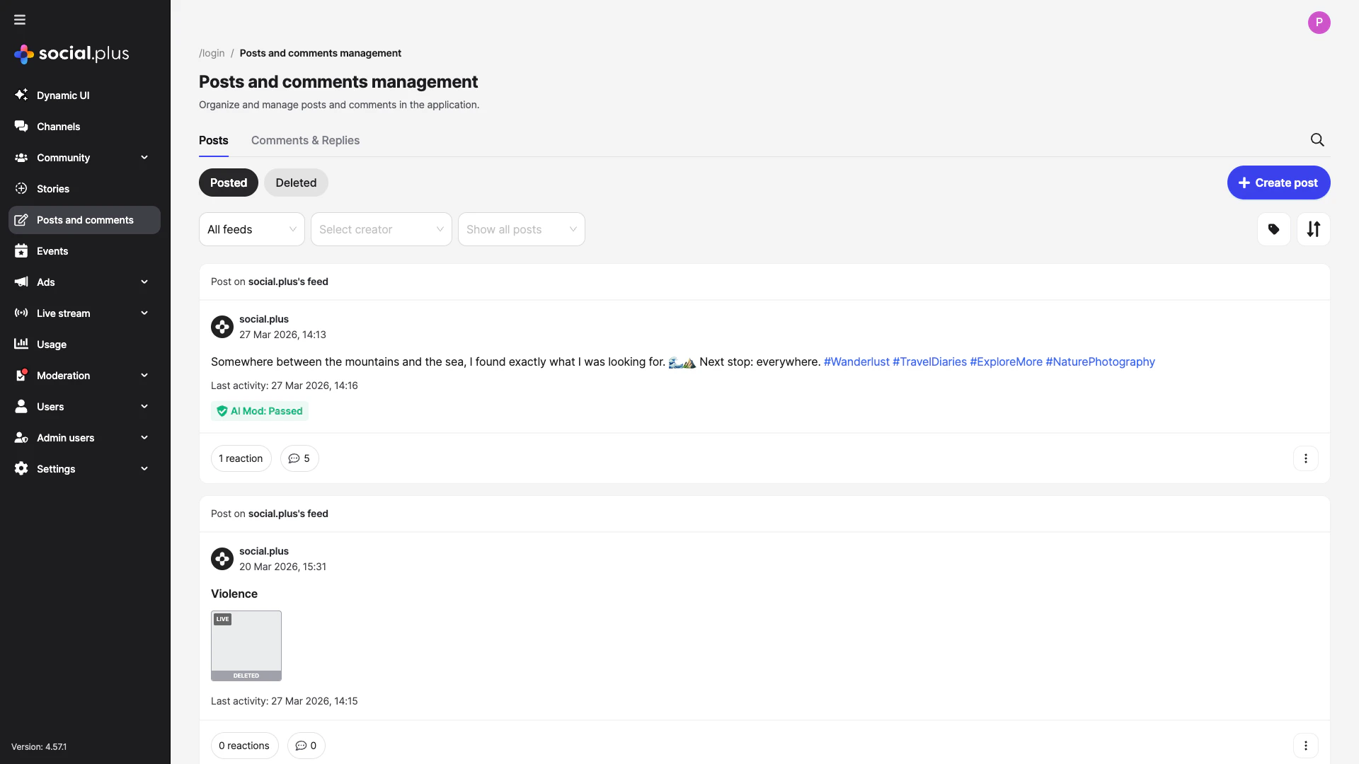 Admin Console — Posts and comments management with AI Mod status badges
