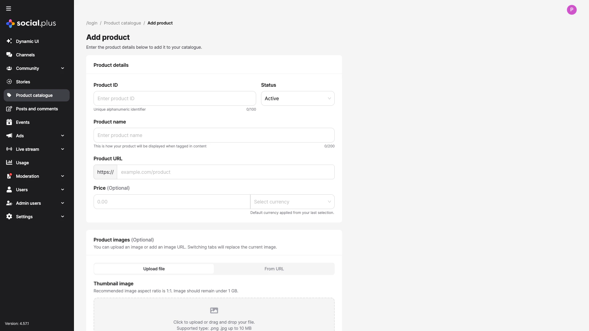 Admin Console Add Product form with fields for Product ID, Status, Product name, Product URL, Price, and image upload