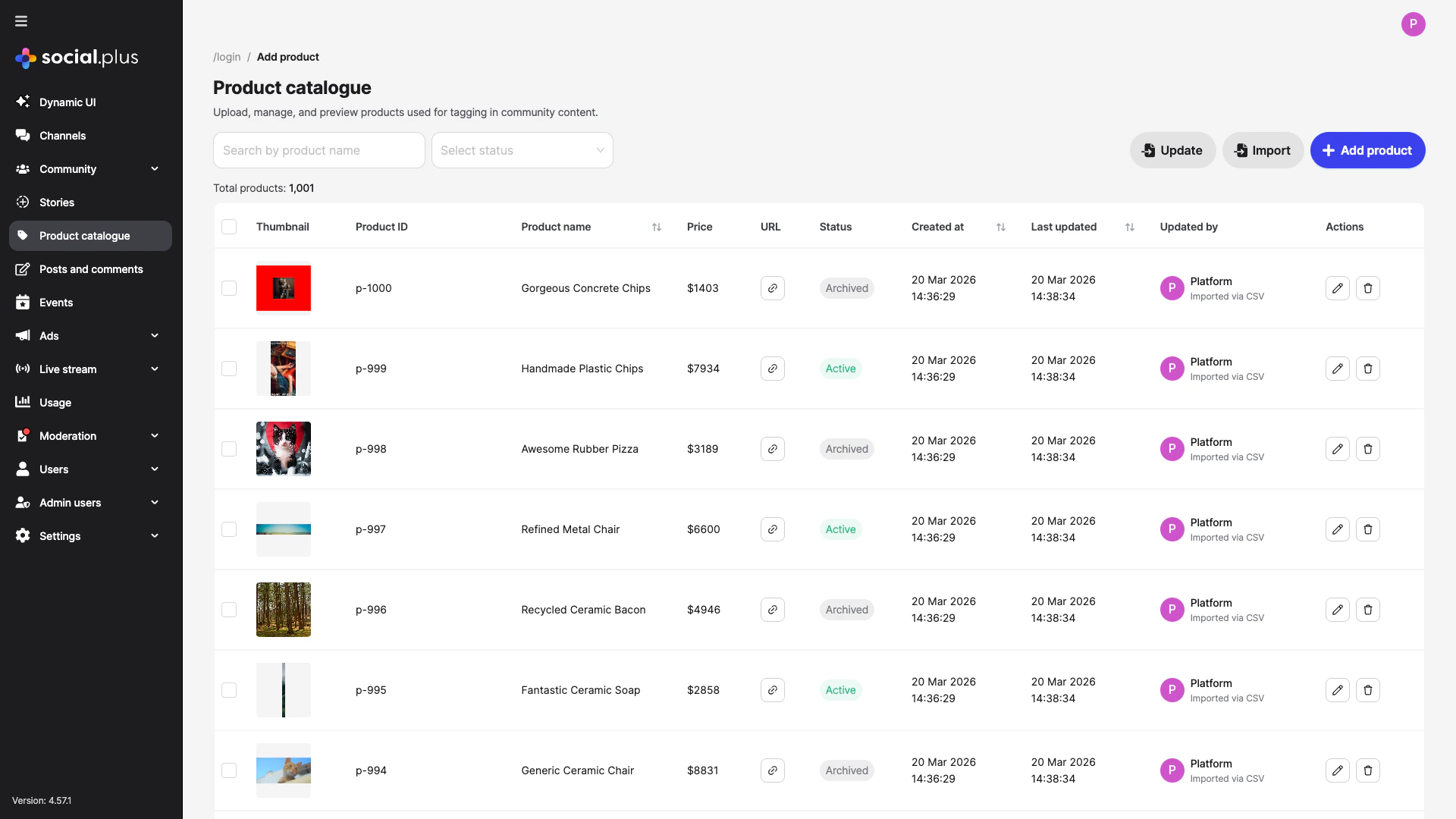 Admin Console Product Catalogue showing product list with IDs, names, prices, statuses, and action buttons
