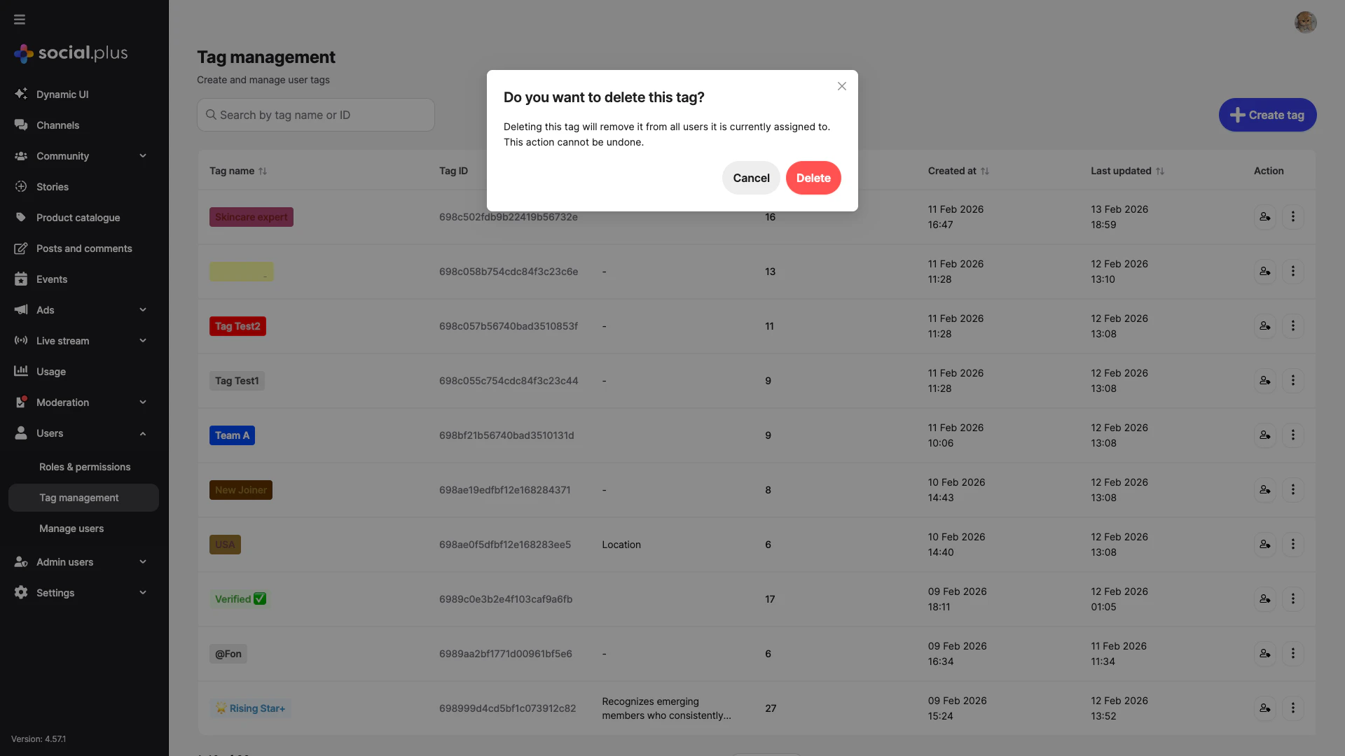 Delete tag confirmation dialog warning that the action cannot be undone