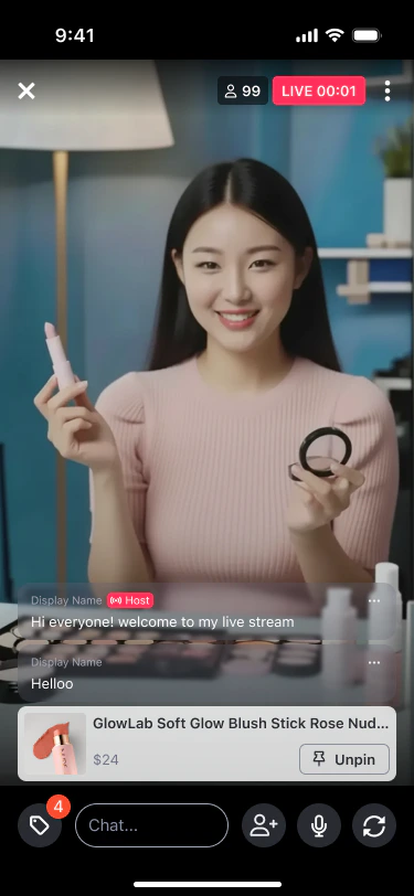 Livestream with a pinned product card (GlowLab Soft Glow Blush Stick, $24) at the bottom, Unpin button, viewer count, and live chat