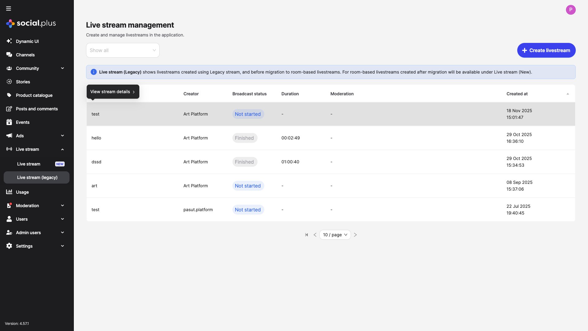 Live Stream Management (Legacy) Dashboard