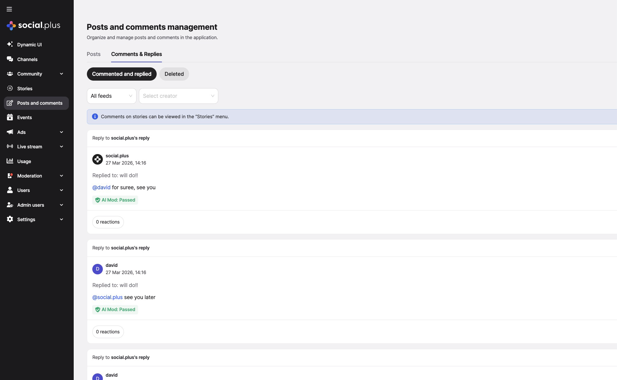 Admin Console — Comments & Replies tab showing threaded comment management