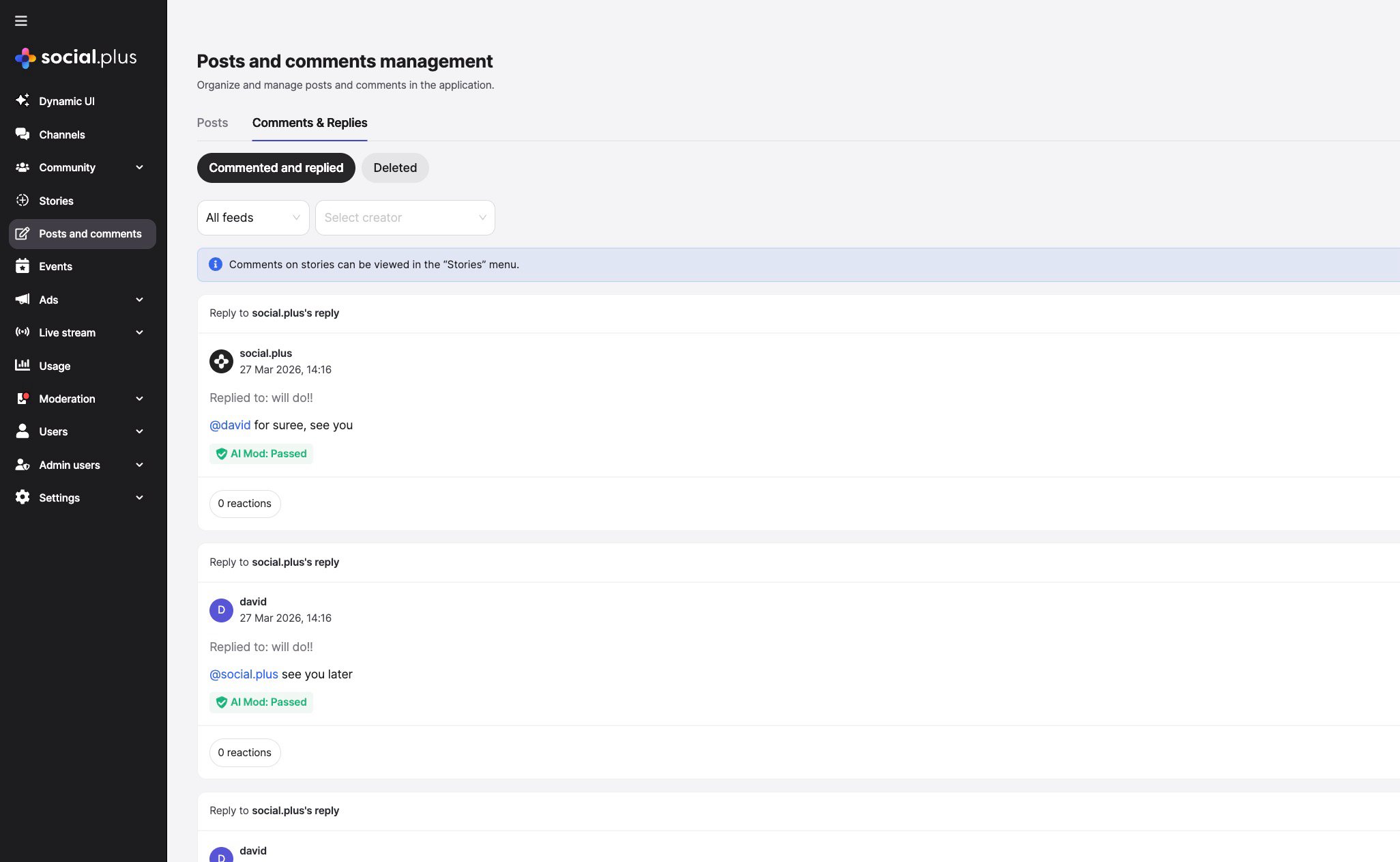 Admin Console — Comments & Replies tab showing threaded comment management