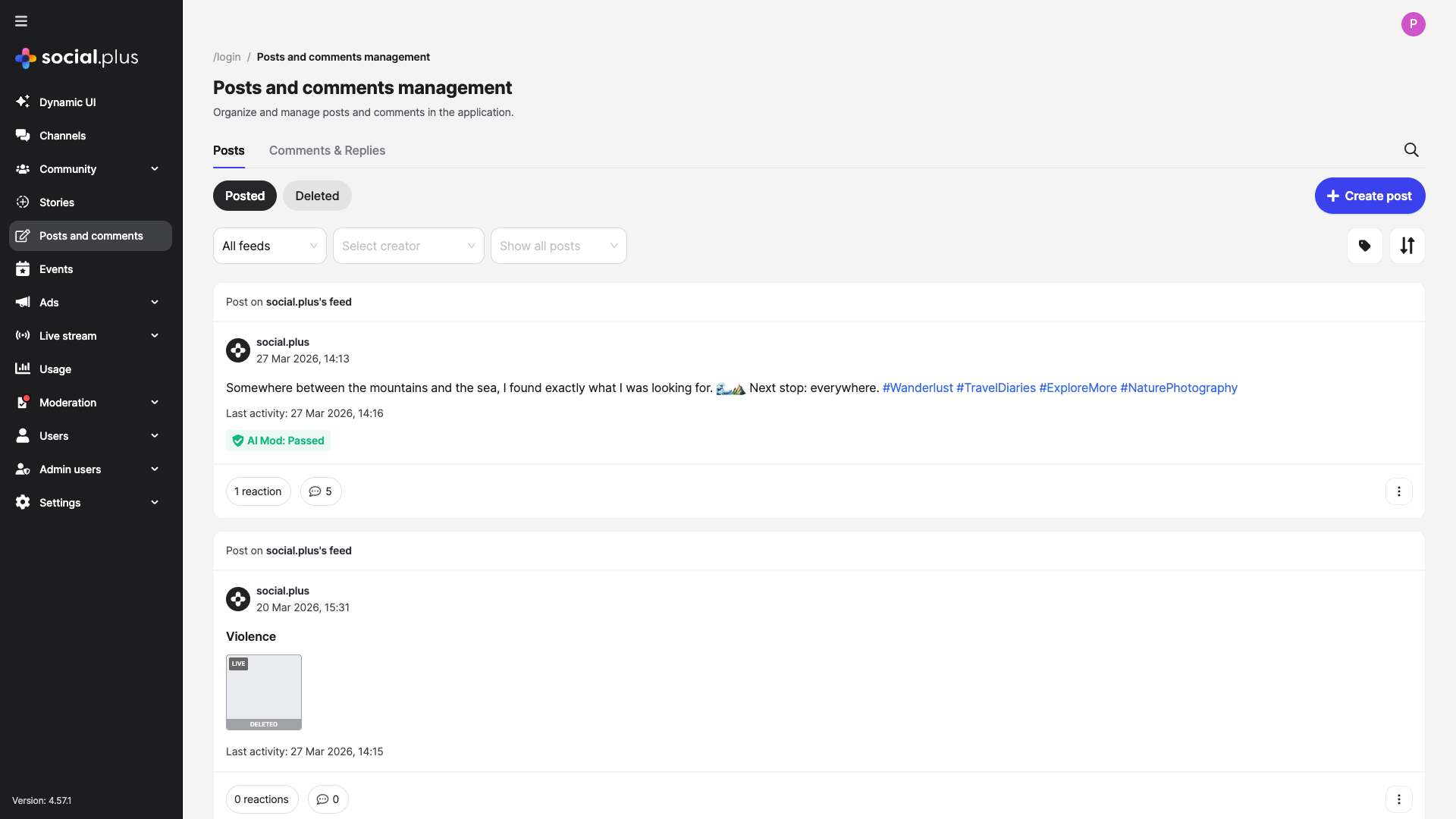 Admin Console — Posts and comments management with AI Mod status badges