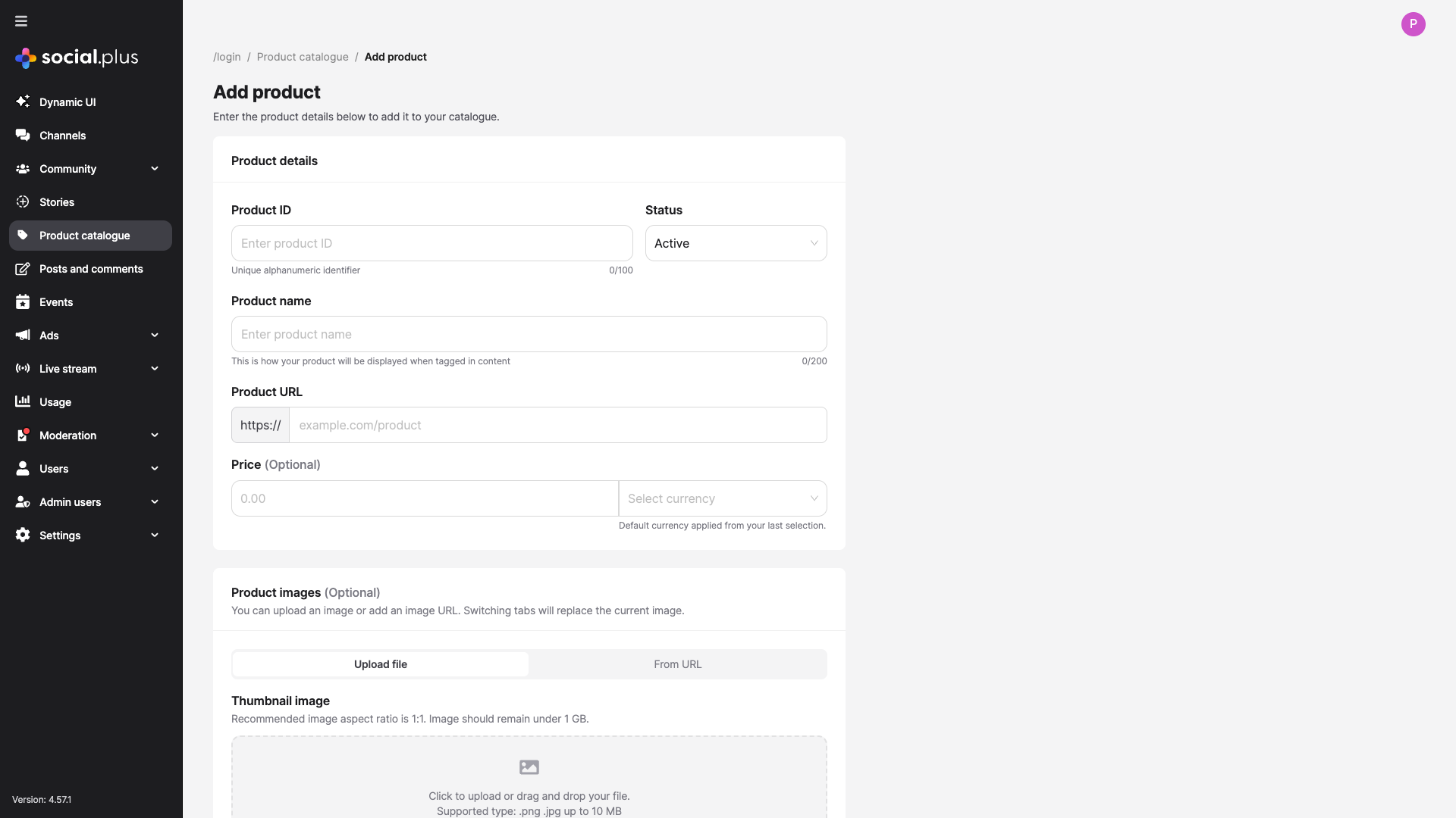 Admin Console Add Product form with Product ID, Status, Product name, Product URL, Price, and image upload fields