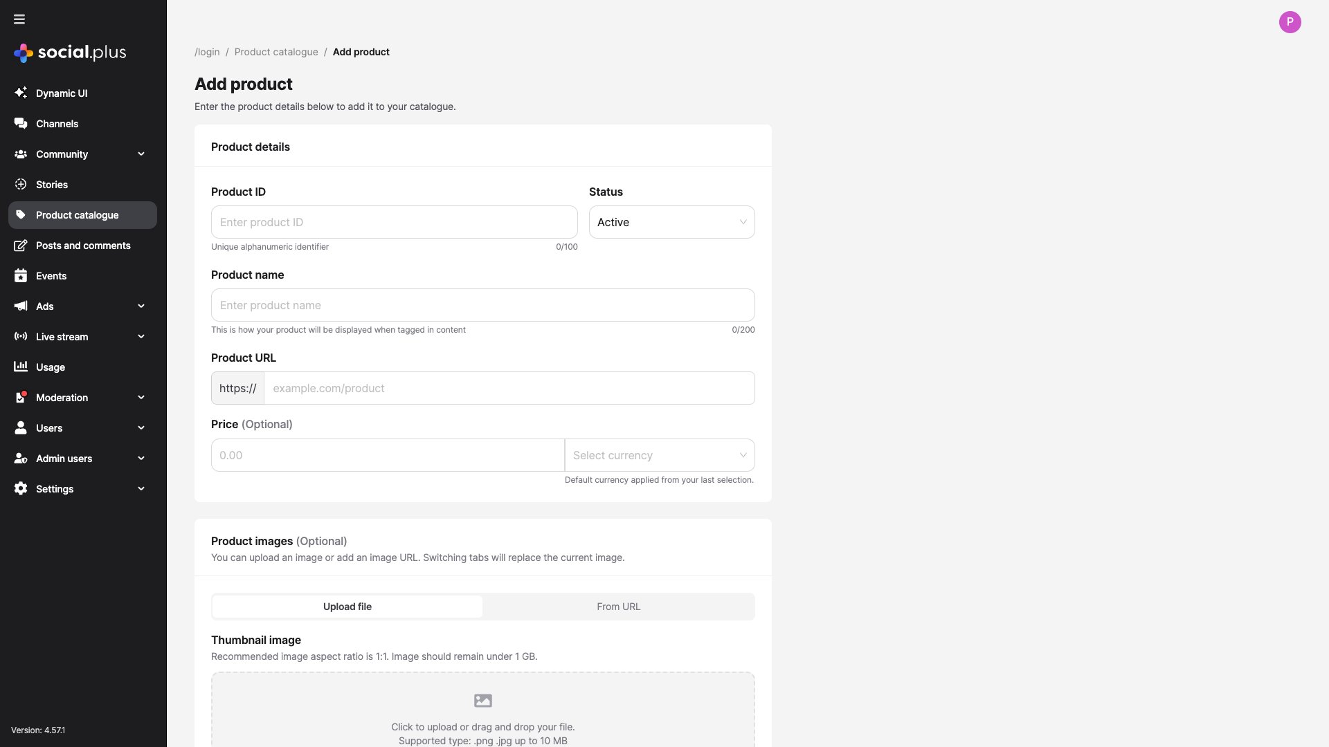 Admin Console Add Product form with Product ID, Status, Product name, Product URL, Price, and image upload fields