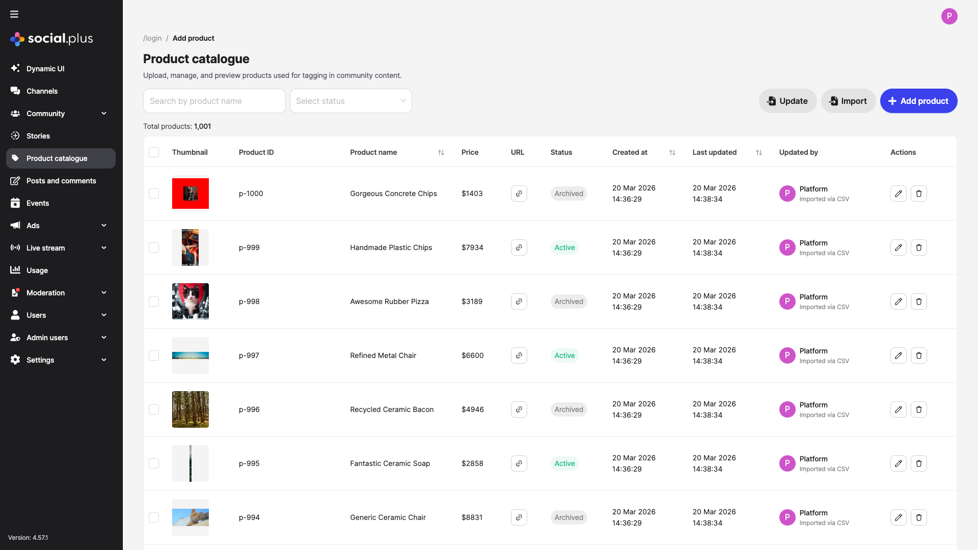 Admin Console Product Catalogue showing product list with IDs, names, prices, statuses, and action buttons