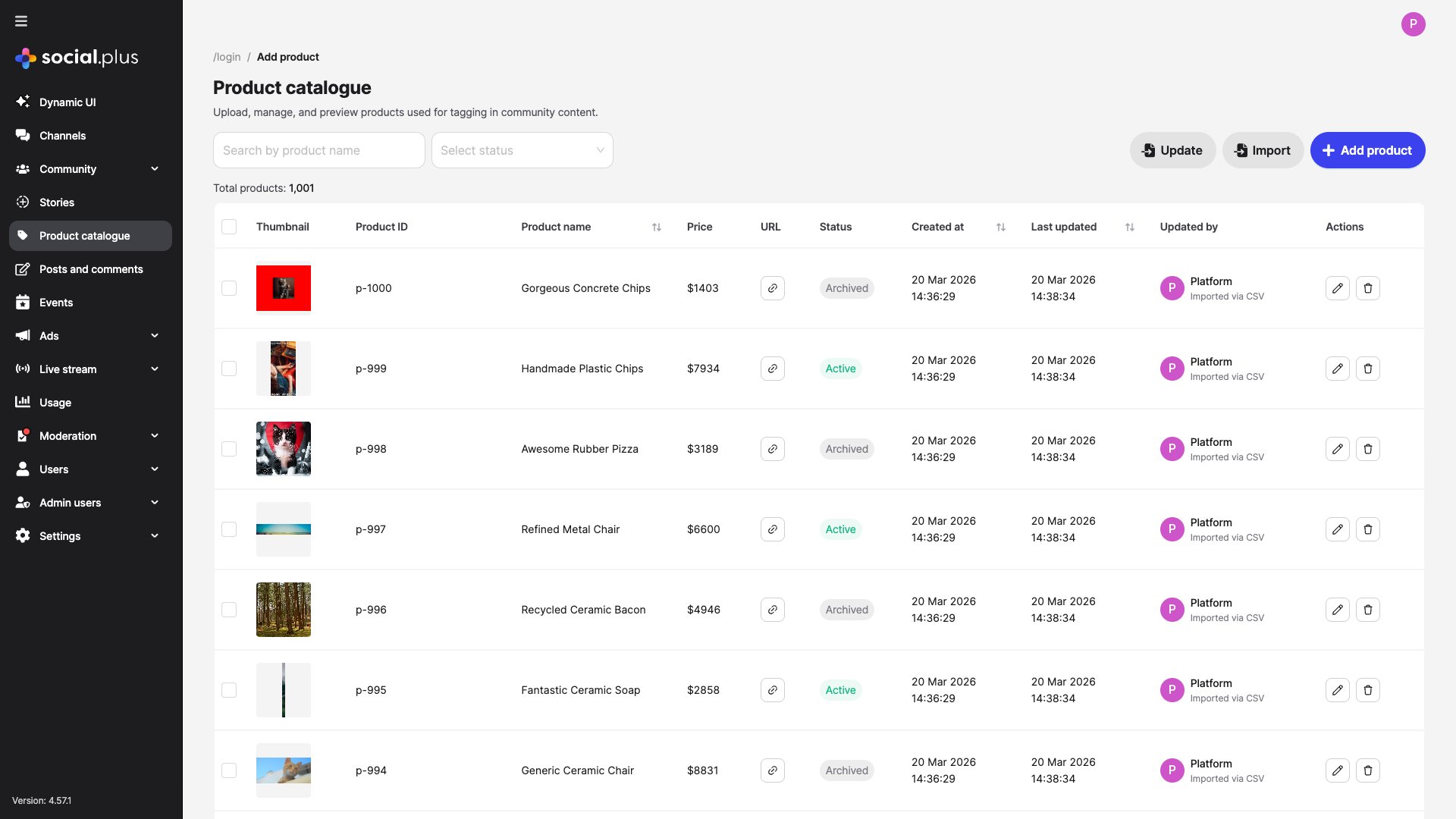 Admin Console Product Catalogue showing product list with IDs, names, prices, statuses, and action buttons