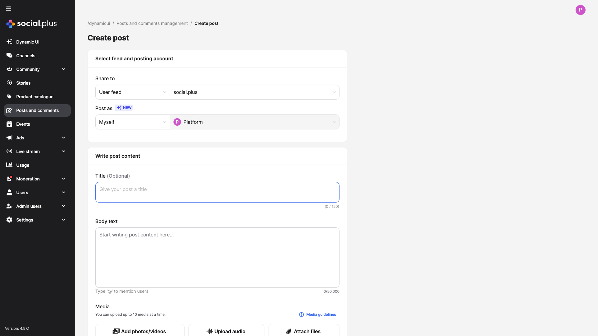 Admin Console — Create post form