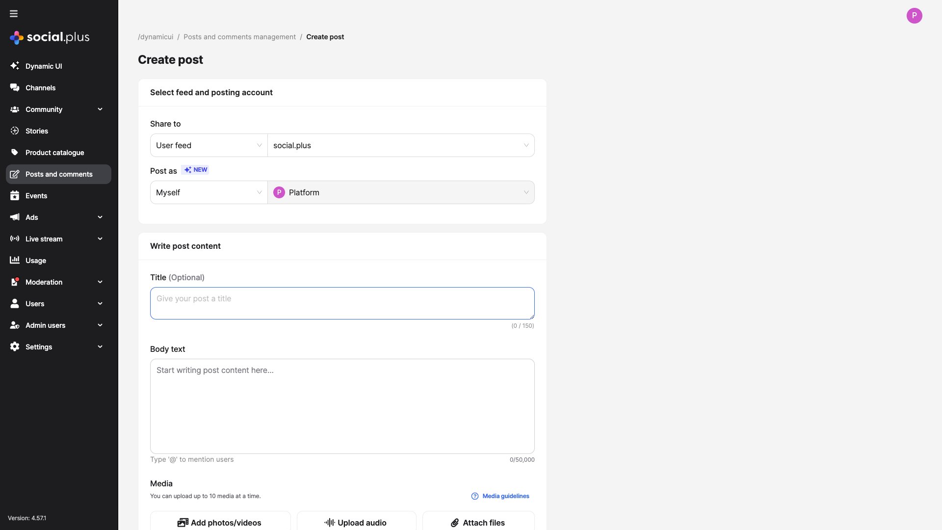 Admin Console — Create post form
