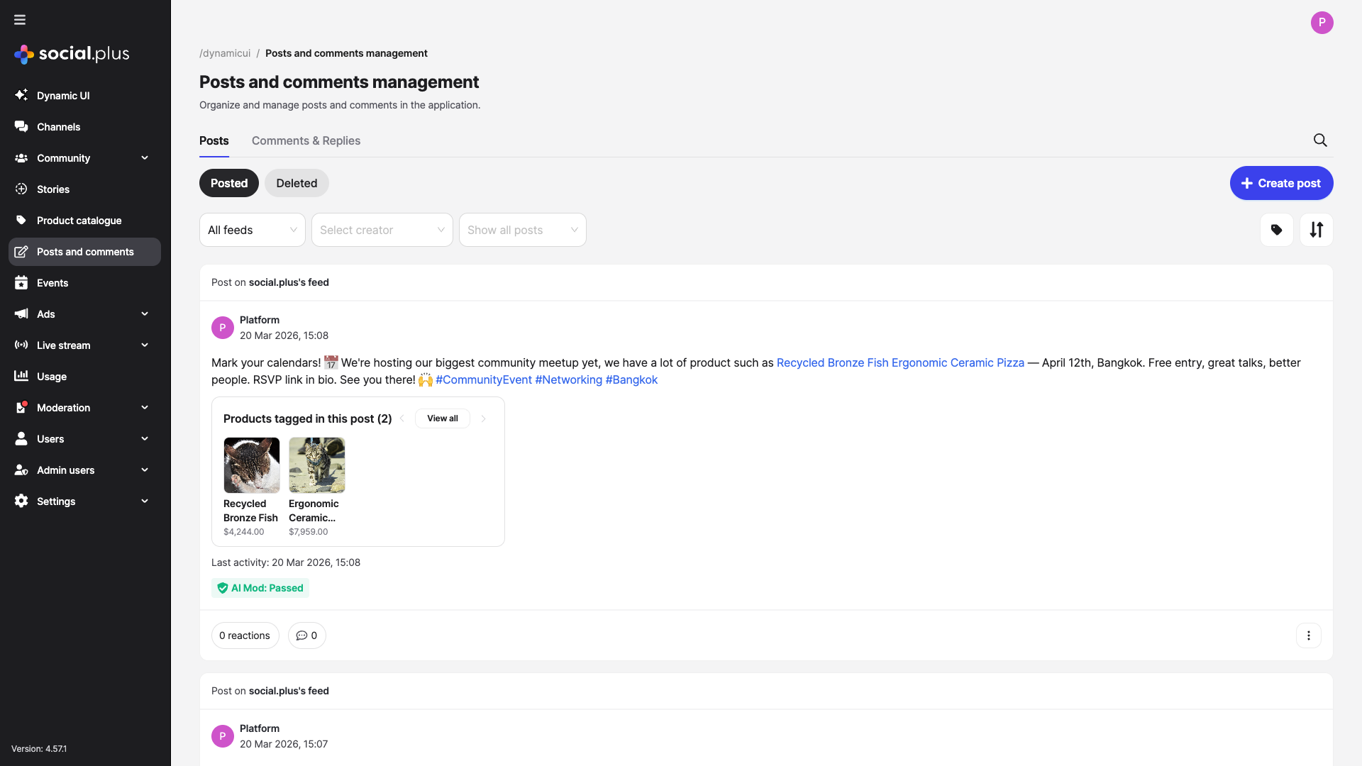 Admin Console post list showing posts with product tags including thumbnails and product names