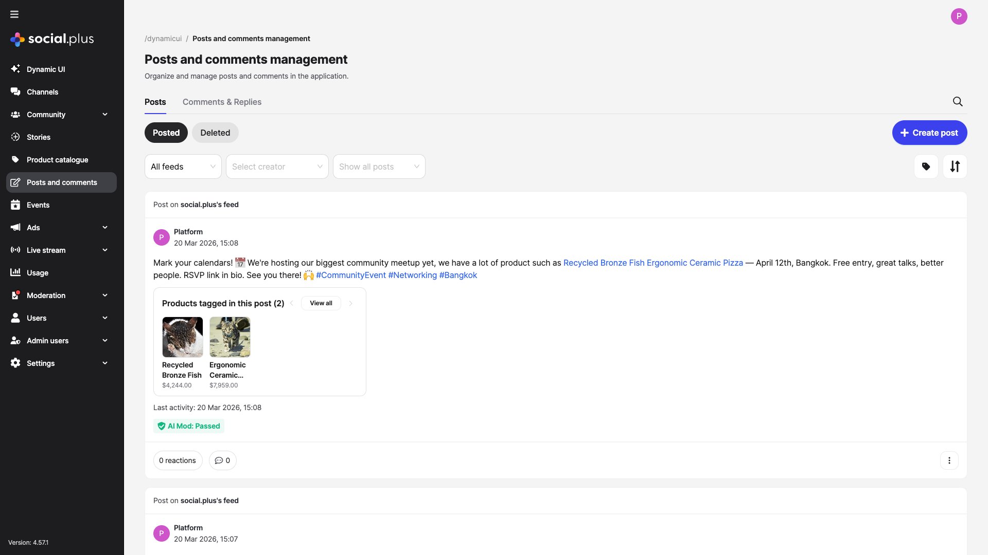 Admin Console post list showing posts with product tags including thumbnails and product names