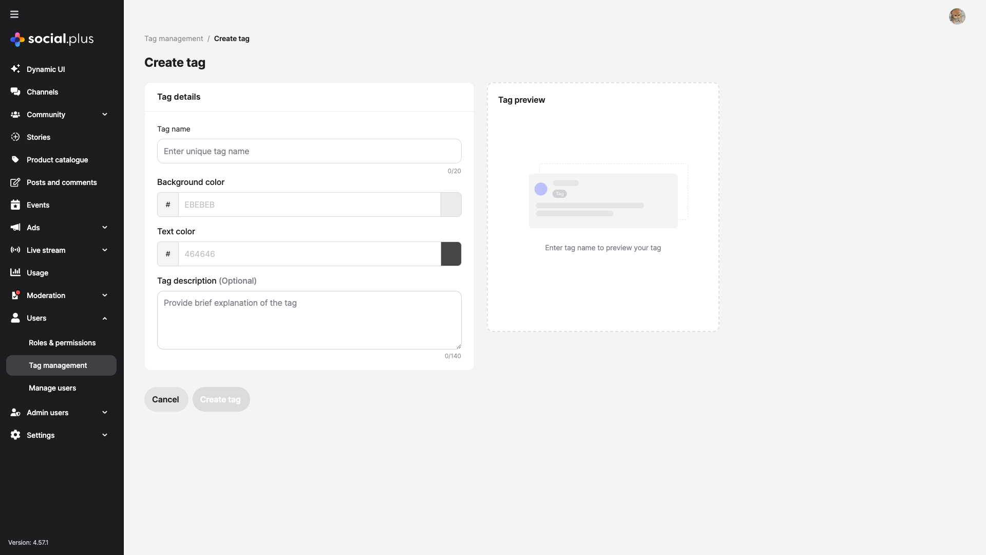 Create tag form with fields for tag name, background color, text color, and description