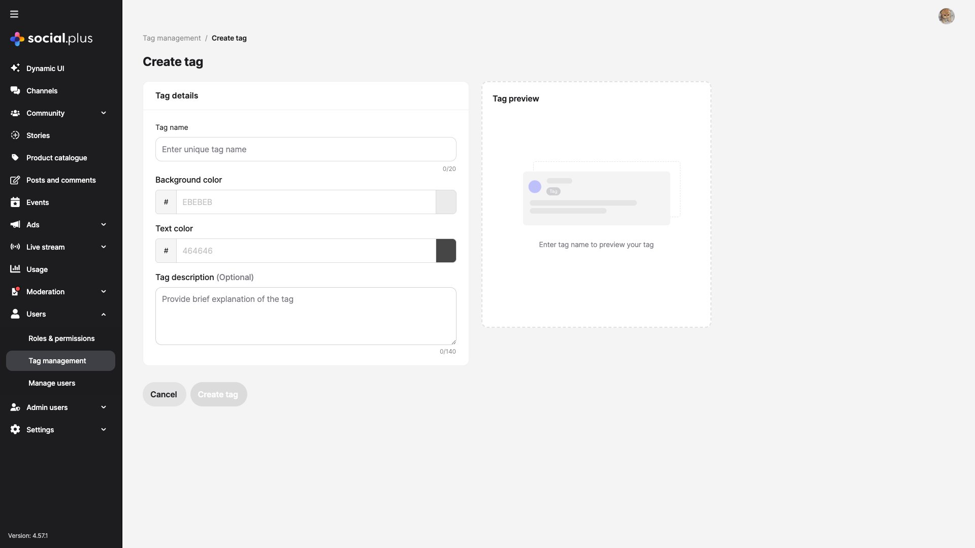 Create tag form with fields for tag name, background color, text color, and description
