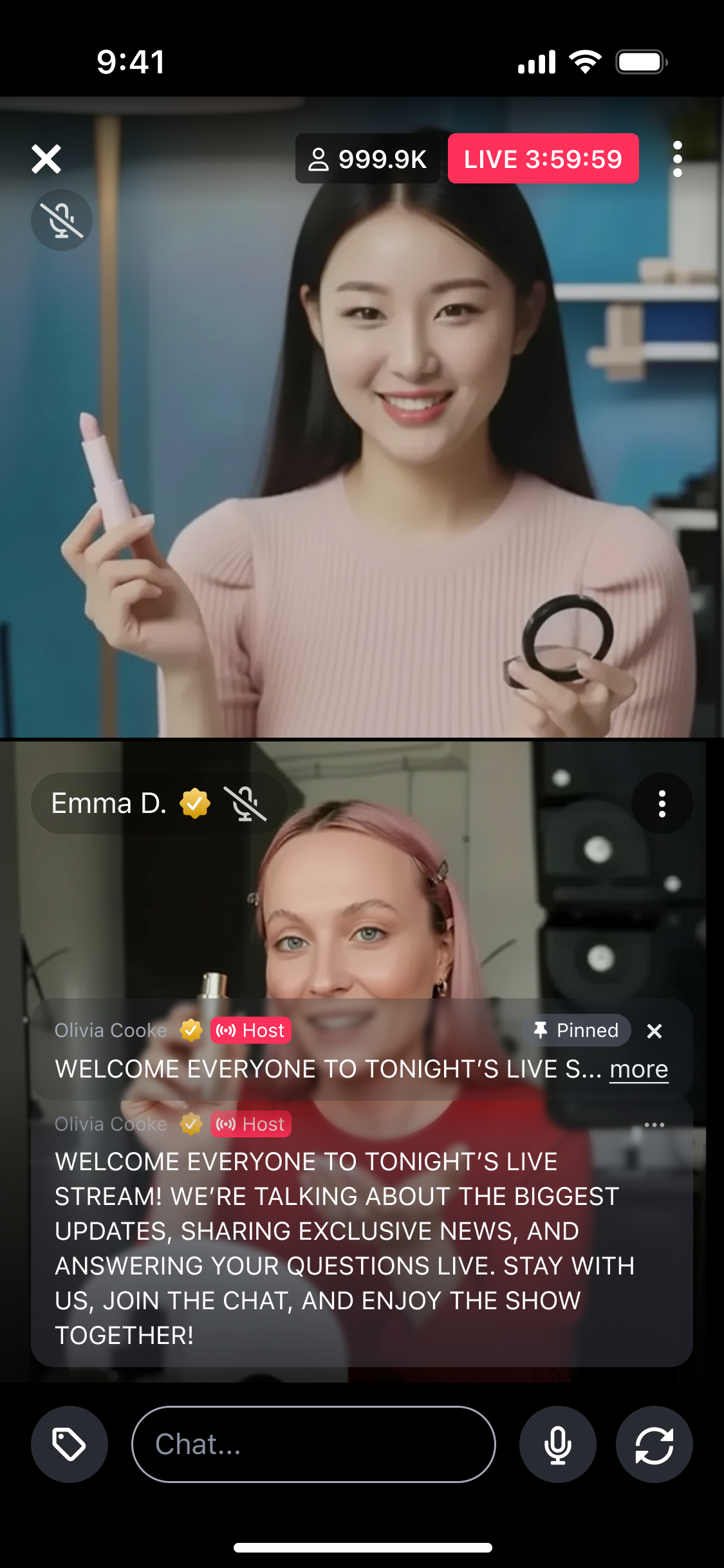 Livestream chat with a collapsed pinned message banner above the feed