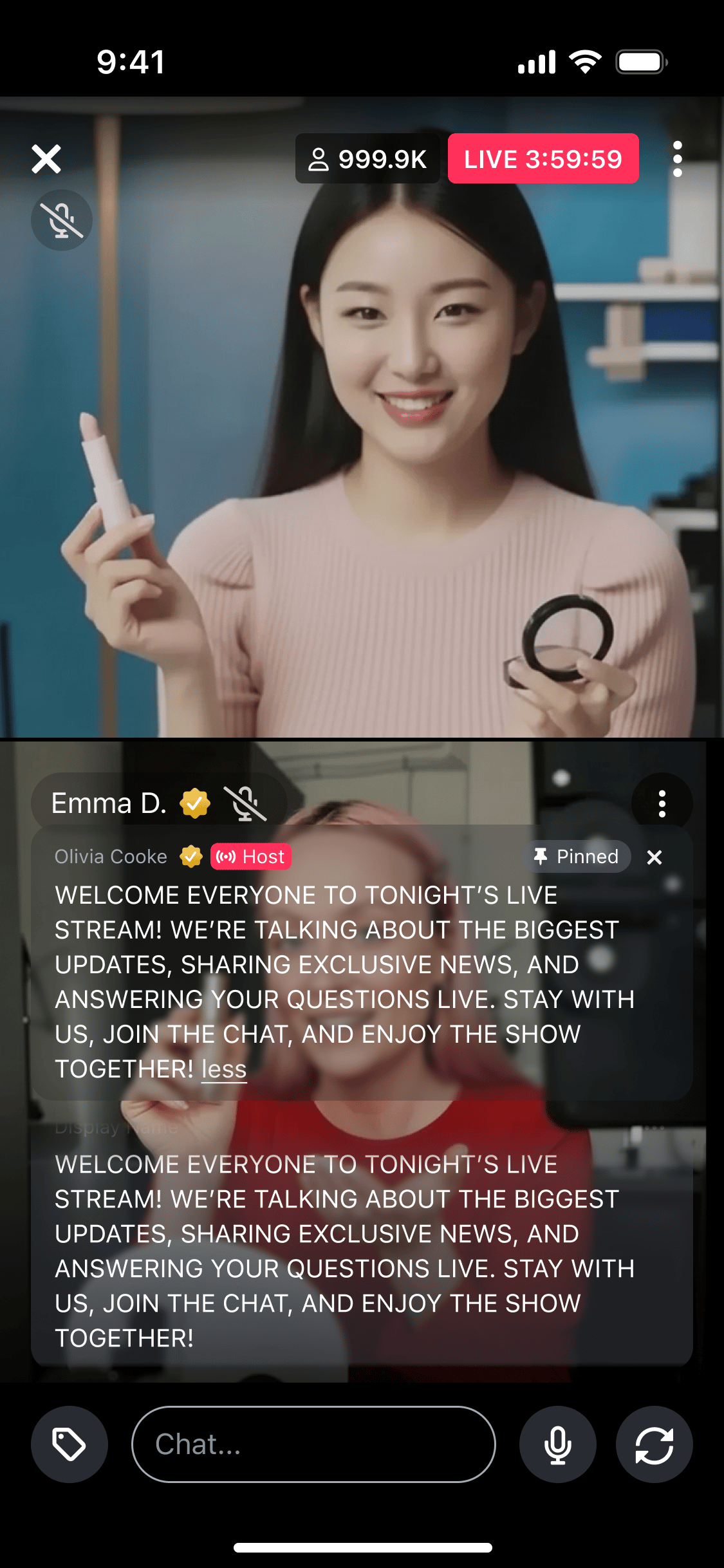 Livestream chat with the pinned message banner expanded to show the full text