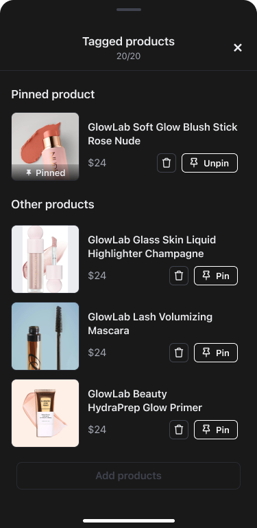 ManageProductTagListComponent showing pinned product and other products list