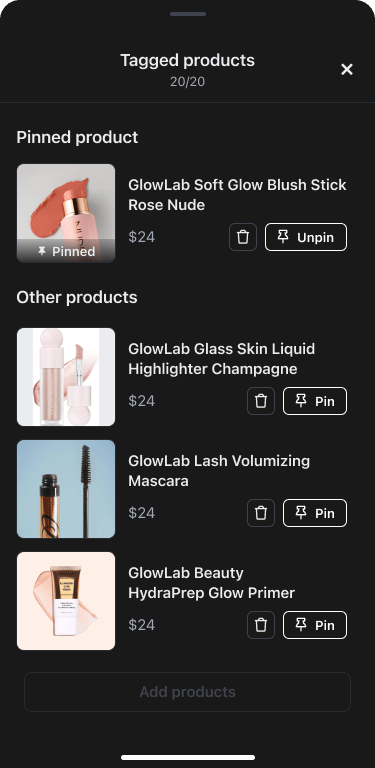 ManageProductTagListComponent showing pinned product and other products list