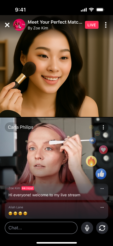 Livestream showing host in main view and co-host Carla Philips in secondary view, with live chat messages and reaction emojis