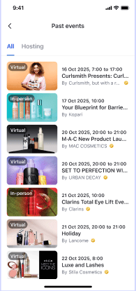 Mobile past events list with thumbnails, virtual and in-person badges, dates, and brand names