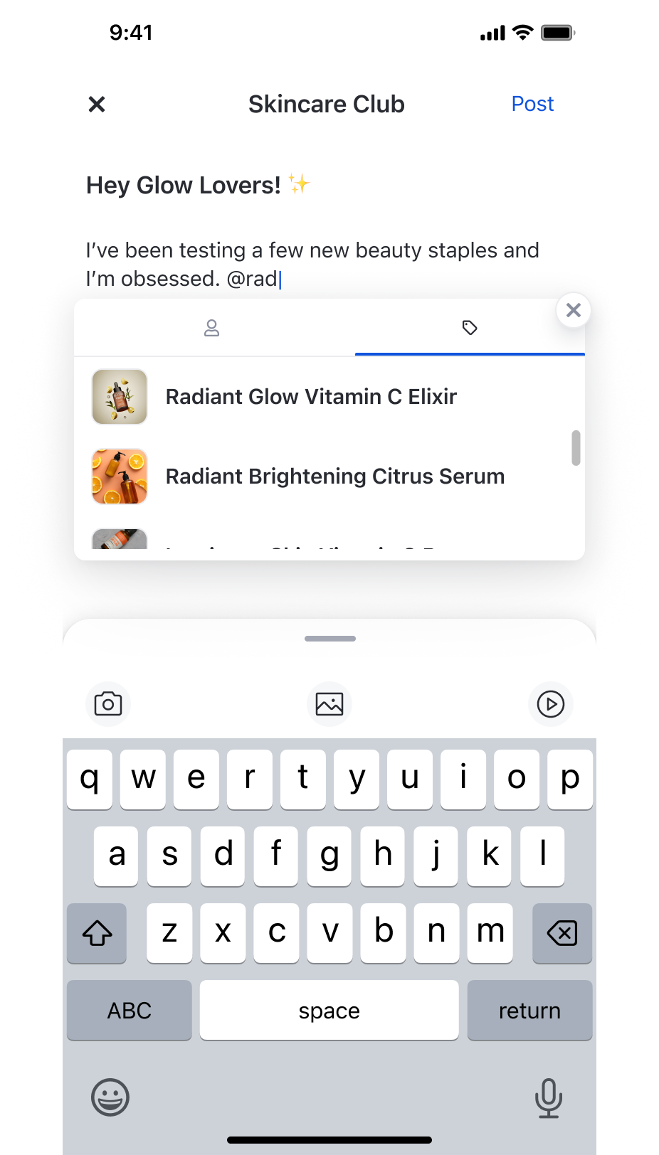 Post composer showing product tag dropdown with Radiant Glow Vitamin C Elixir and Radiant Brightening Citrus Serum results