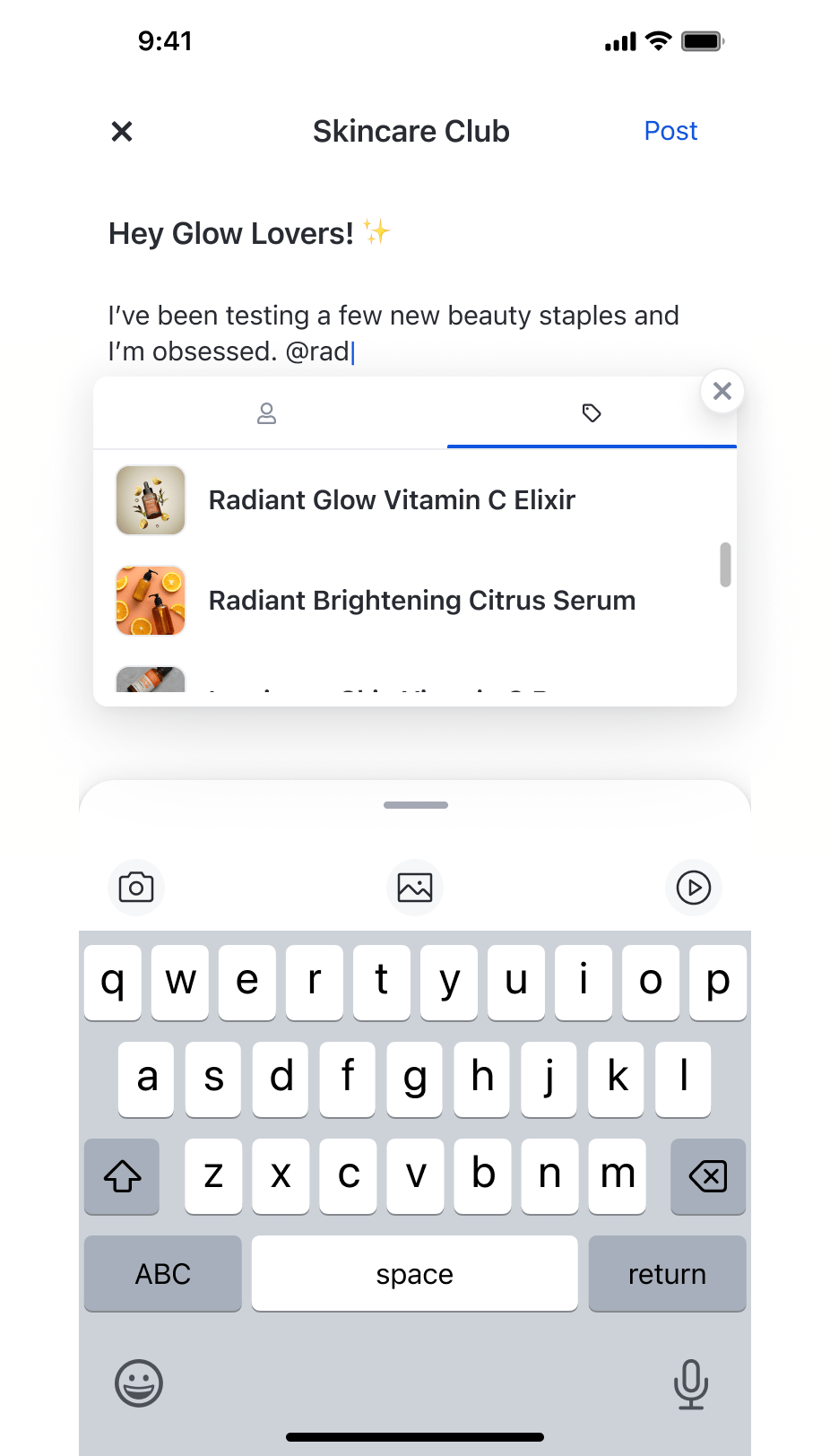 Post composer showing product tag dropdown with Radiant Glow Vitamin C Elixir and Radiant Brightening Citrus Serum results