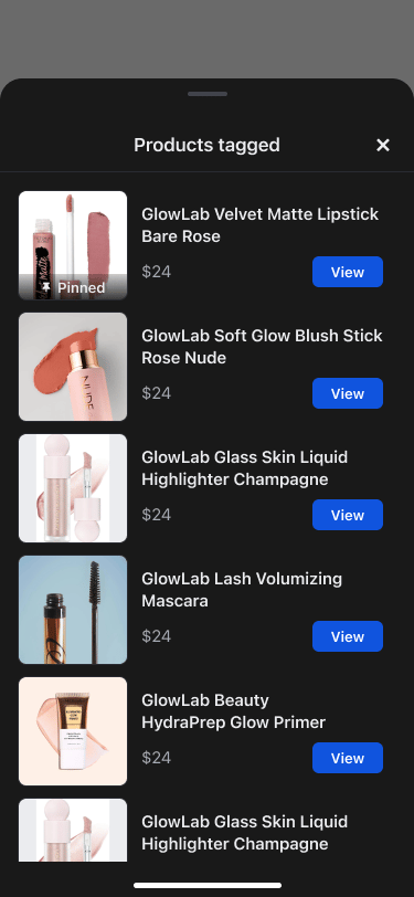 ProductTagListComponent in livestream mode — viewer product list bottom sheet