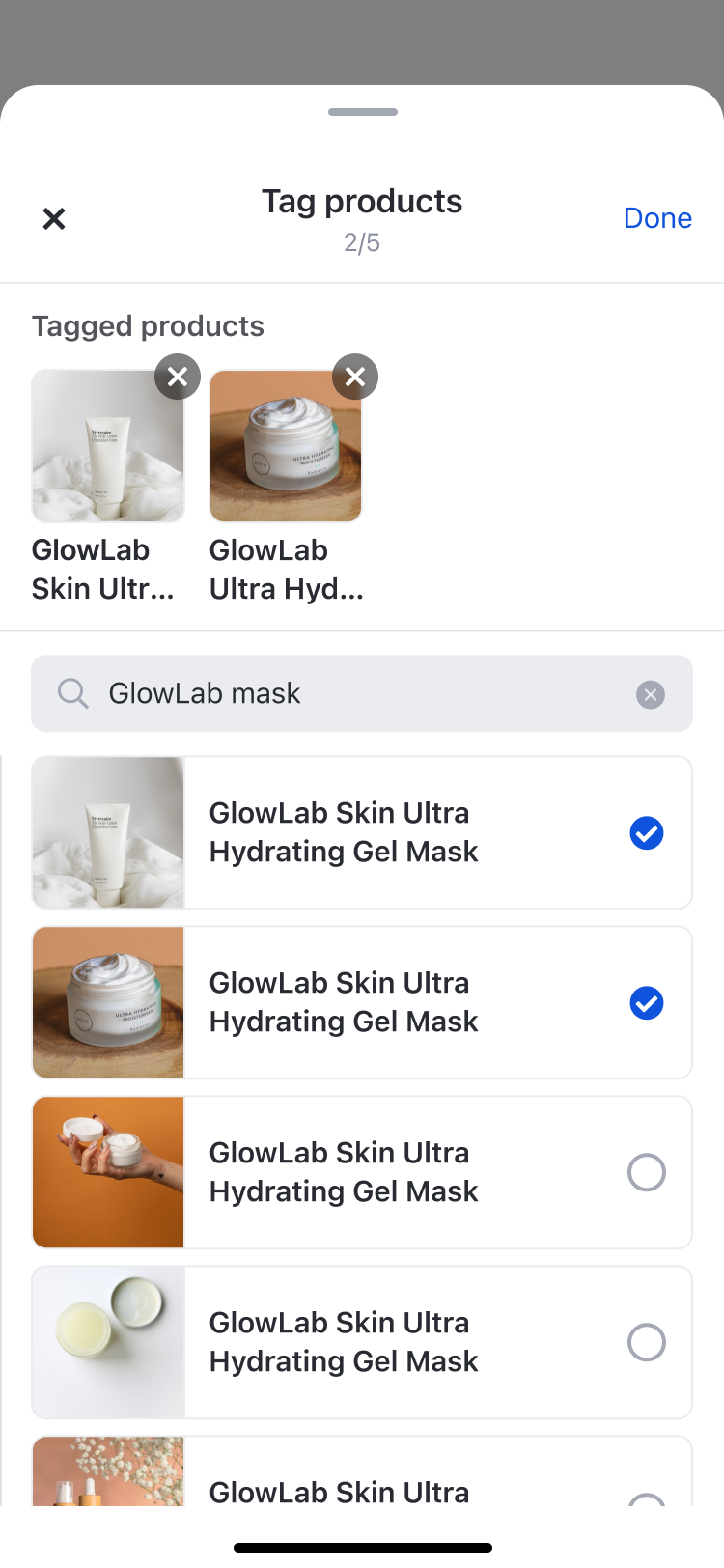 ProductTagSelectionComponent shows interface for selecting products