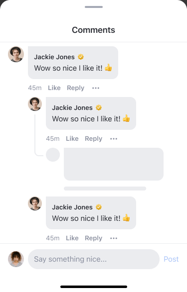 Comment sheet overlay showing top-level comments with reply and reaction options