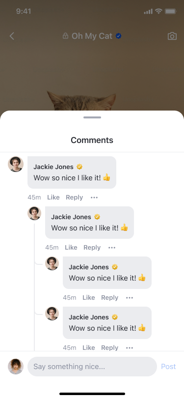 Comment sheet showing L0, L1, and L2 reply hierarchy with View replies button