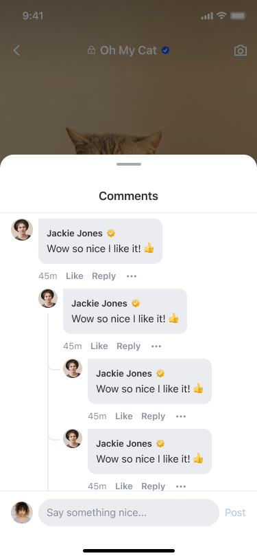 Comment sheet showing L0, L1, and L2 reply hierarchy with View replies button