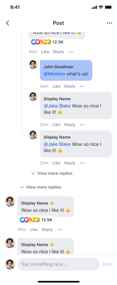 Post detail showing expanded reply threads with L1 and L2 replies and View more replies button