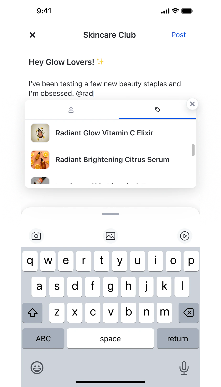Post product tagging — tagged products displayed as a carousel below post content