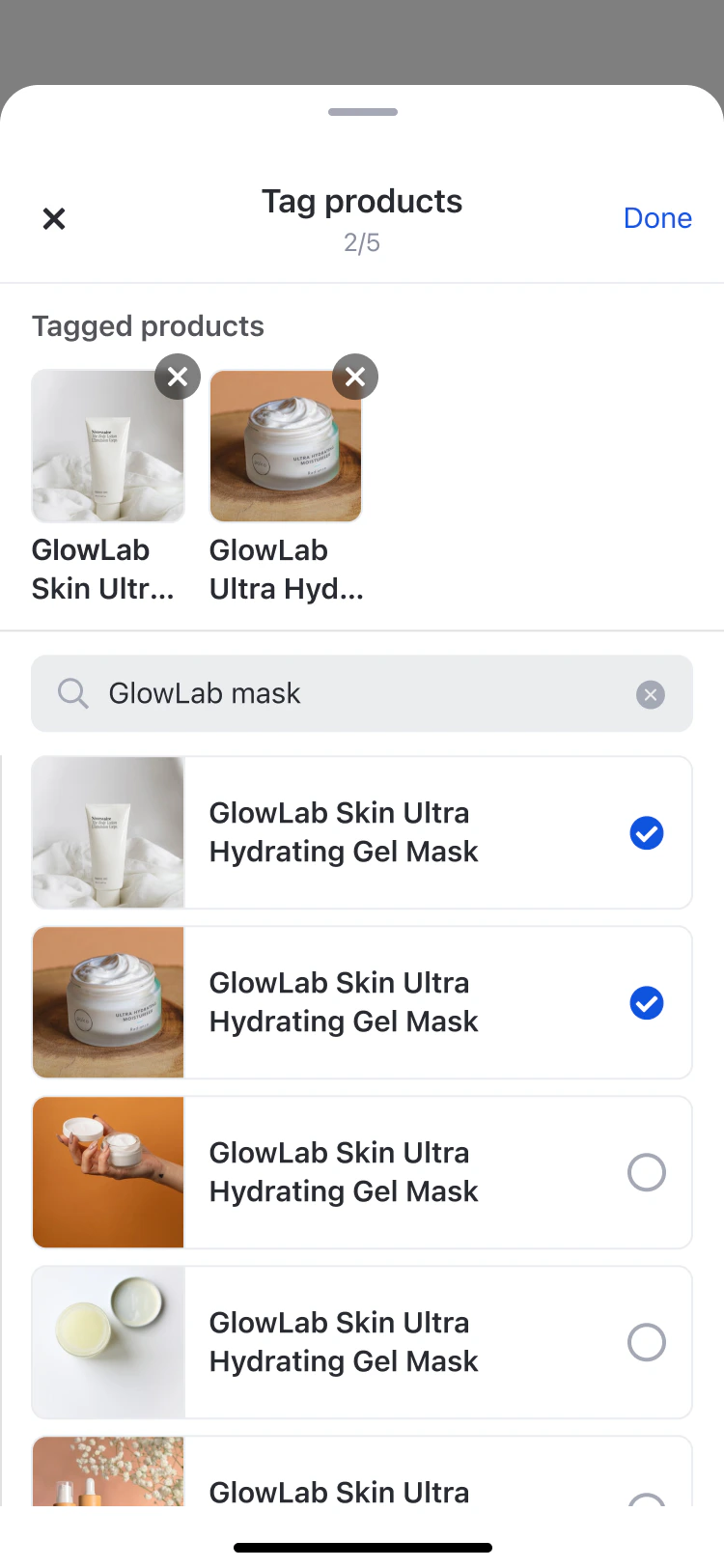 ProductTagSelectionComponent shows interface for selecting products