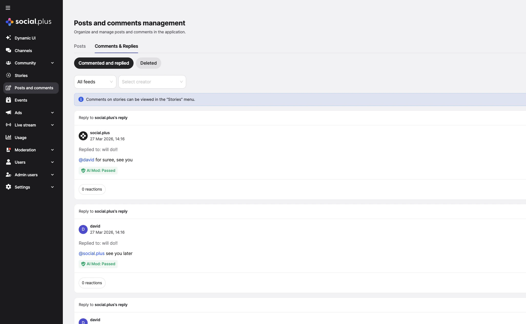 Admin Console — Comments & Replies tab showing threaded comment management