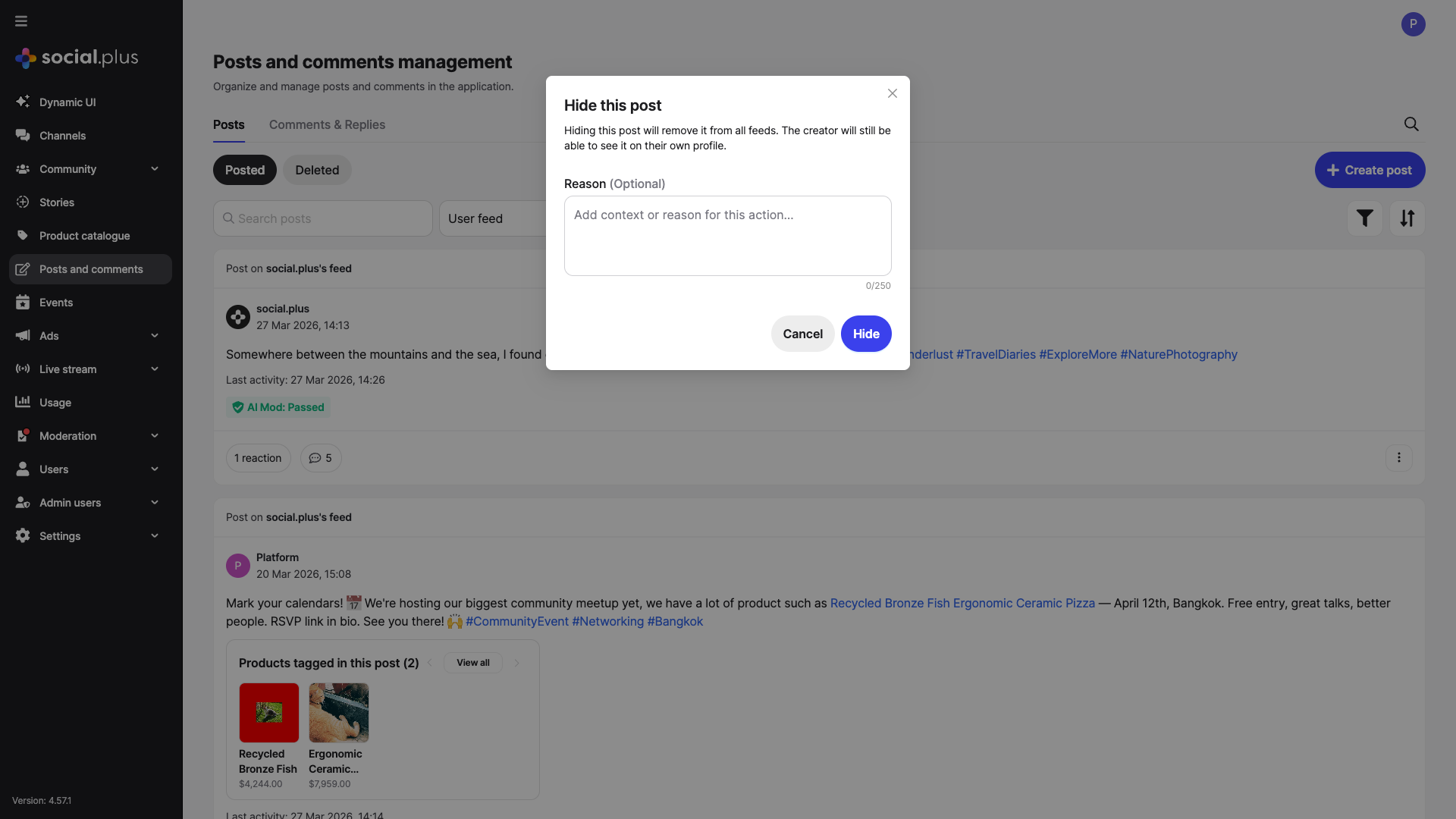 Hide this post confirmation dialog with optional reason field