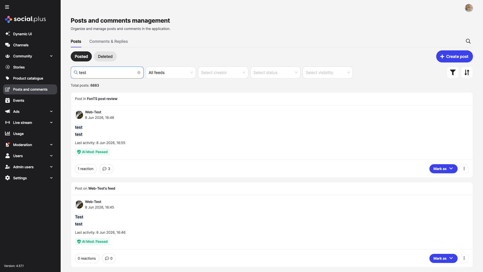 Search posts field showing keyword matches highlighted in post results