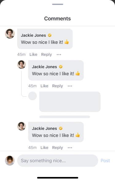 Comment sheet overlay showing top-level comments with reply and reaction options