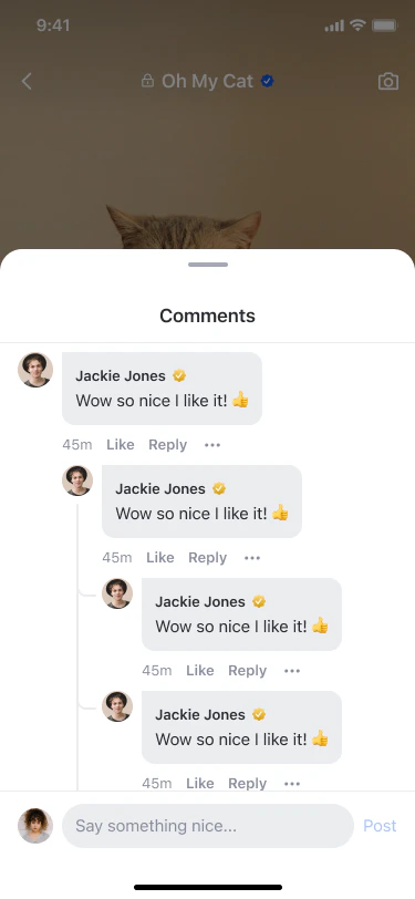 Comment sheet showing L0, L1, and L2 reply hierarchy with View replies button
