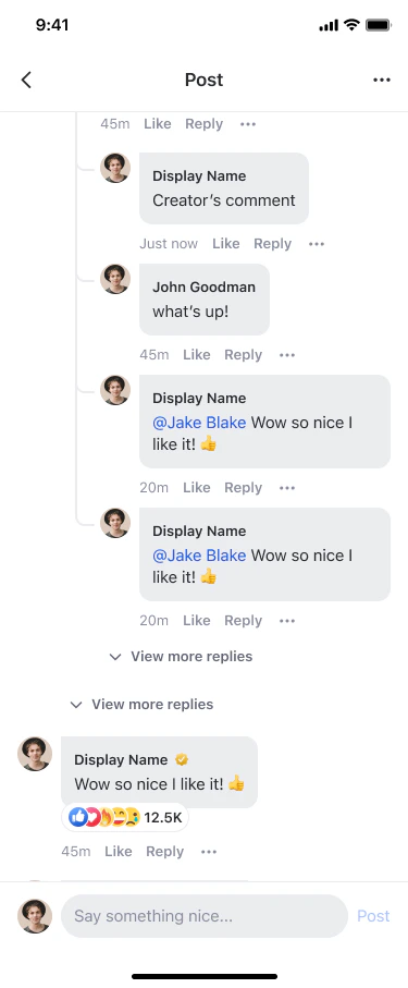Post detail page showing expanded multi-level comment replies with L0, L1, L2 threading and View more replies