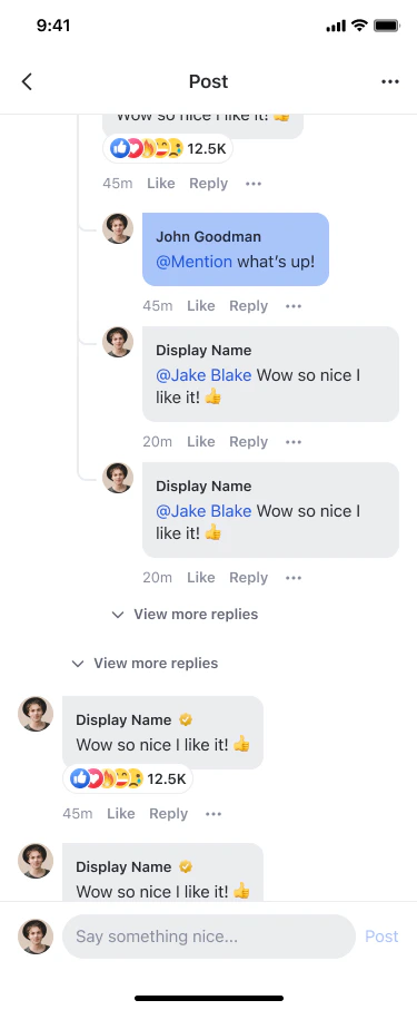 Post detail showing expanded reply threads with L1 and L2 replies and View more replies button