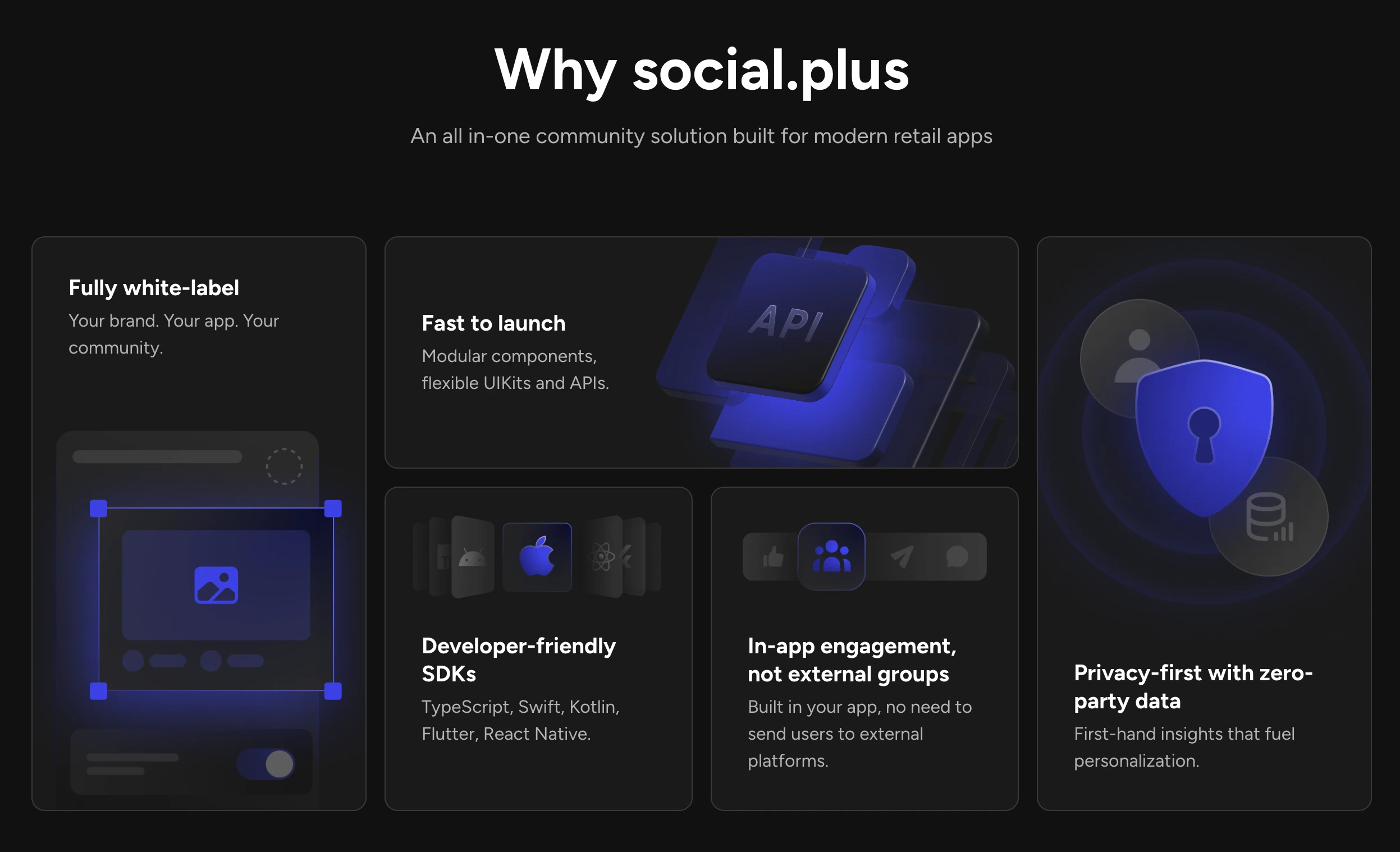 Why social.plus — fully white-label, fast to launch with modular APIs, developer-friendly SDKs for TypeScript, Swift, Kotlin, Flutter, in-app engagement, and privacy-first with zero-party data