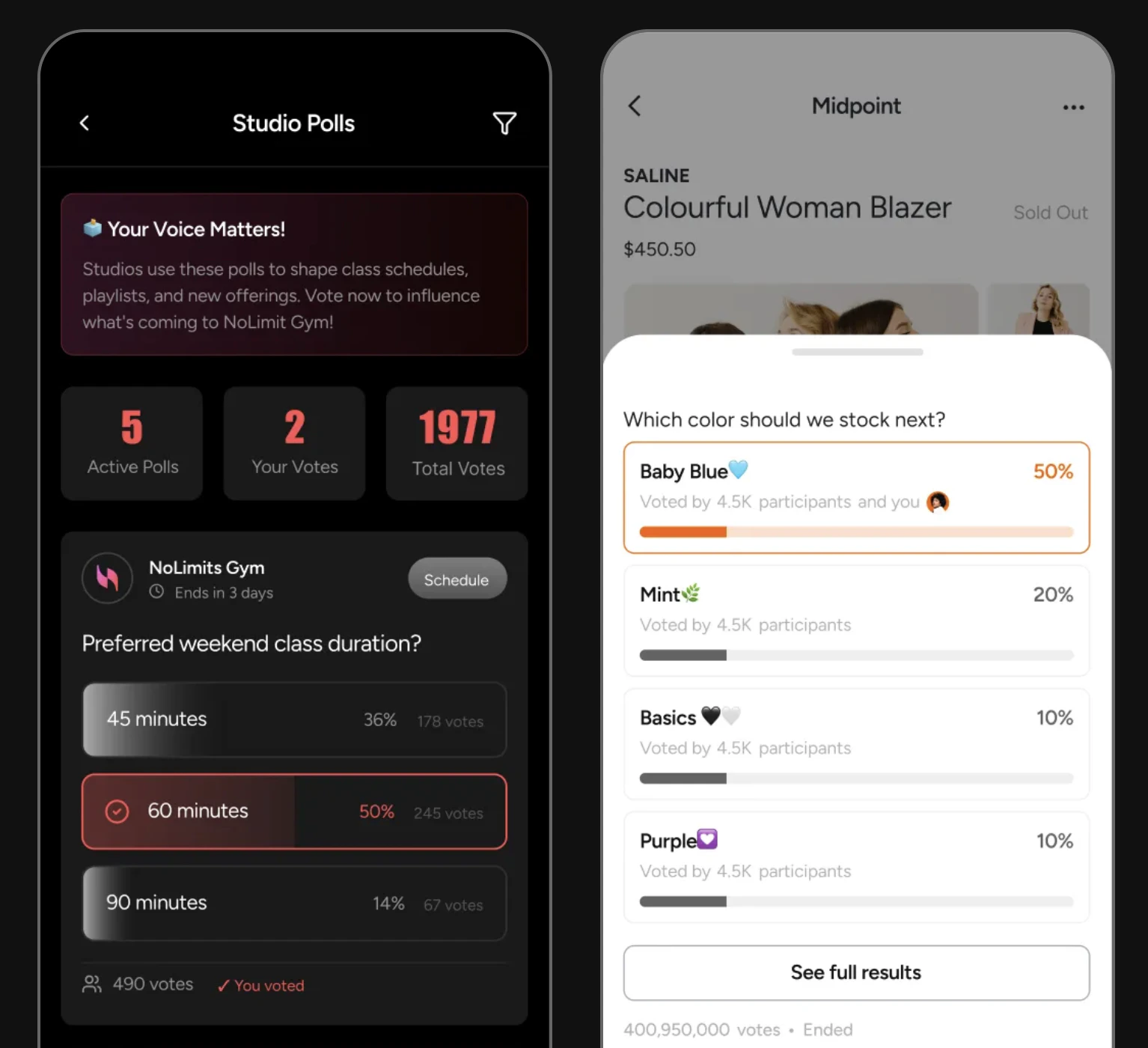 Two poll screens: dark-themed Studio Polls page with active polls count, vote percentages, and expiry timer; light-themed product poll asking 'Which color should we stock next?' with percentage bars and vote counts