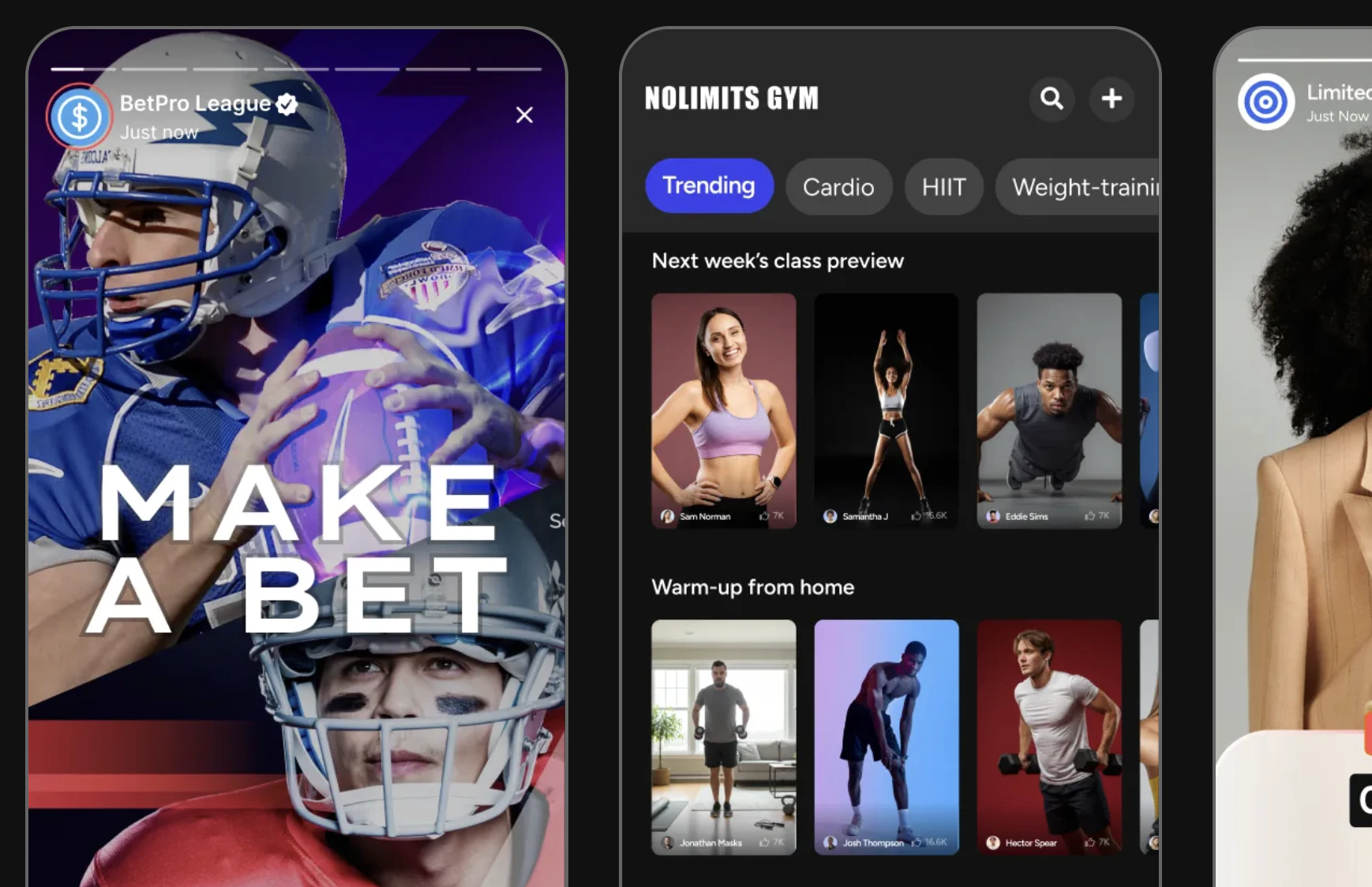 Three story experiences: full-screen sports story with community badge, fitness app clips feed with trending categories, and fashion brand story with close button