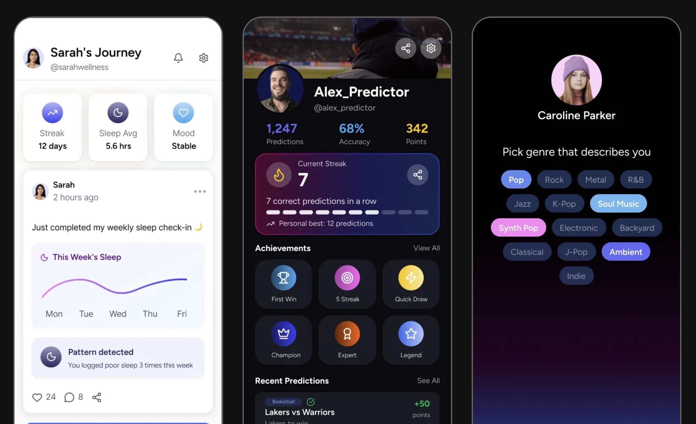 Three user profile screens: Sarah's Journey wellness profile with streak stats and sleep chart, Alex_Predictor sports profile with prediction accuracy and achievement badges, and Caroline Parker music genre selection onboarding
