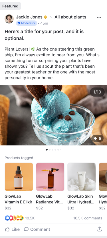 Media carousel — a post with multiple images shown as full-width swipeable frames with a pagination indicator and an n/total counter