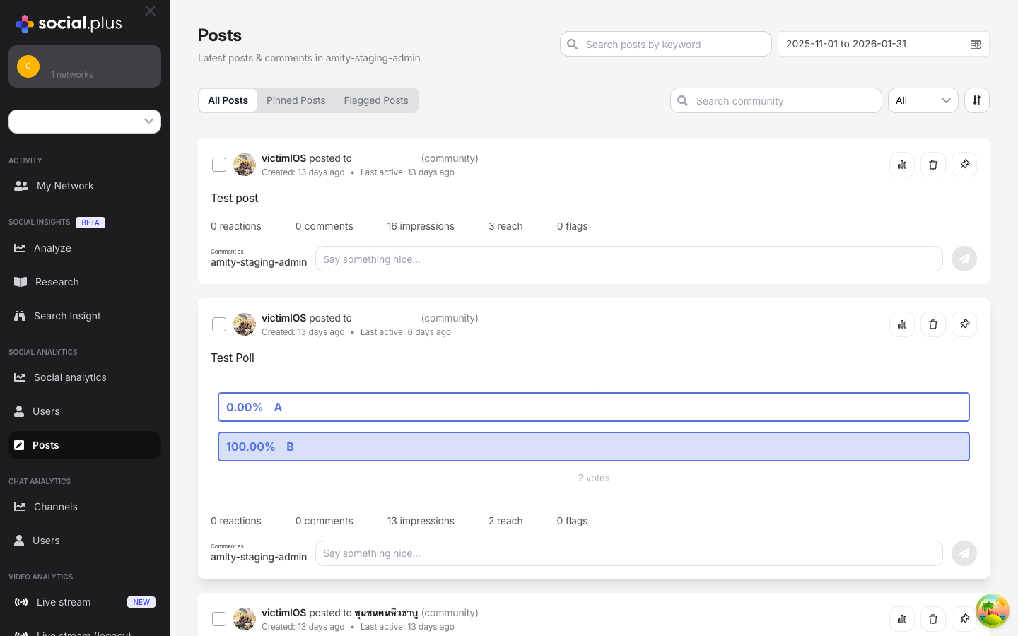 Posts dashboard showing post feed with engagement metrics