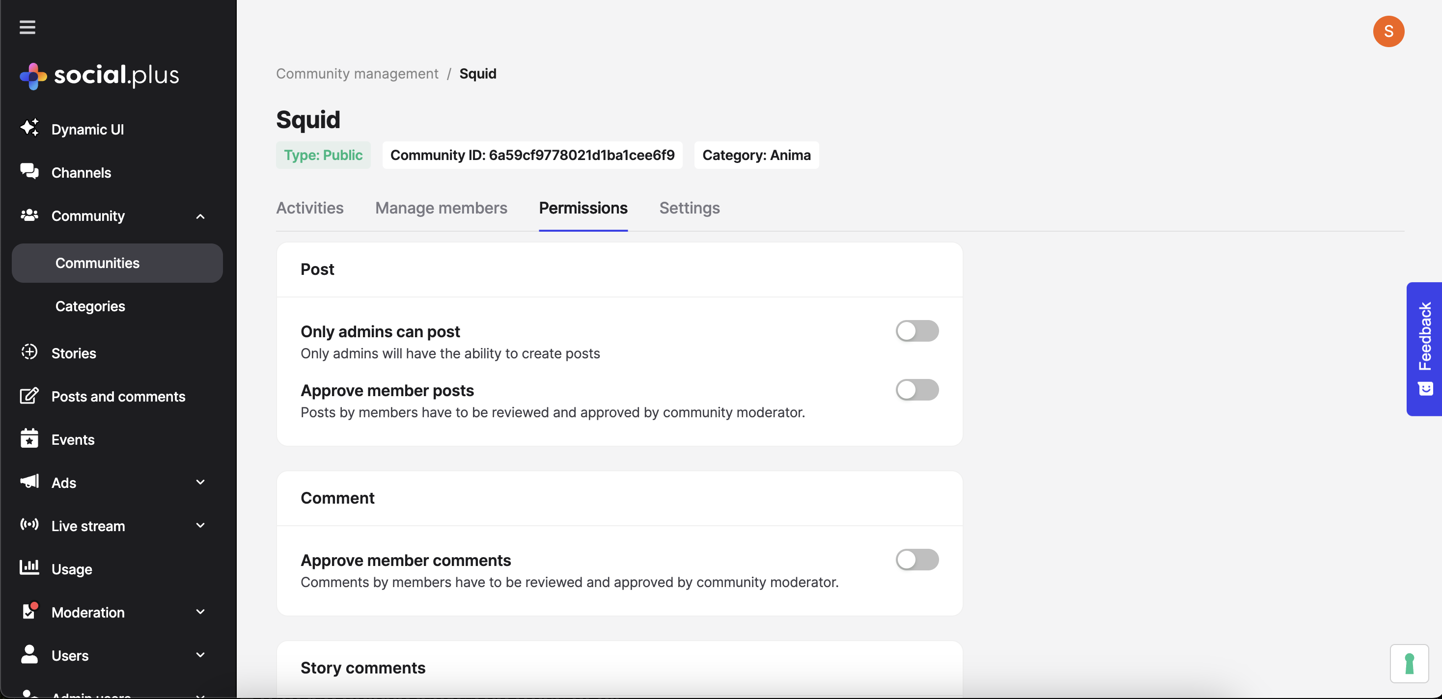 Approve member comments toggle on the community Permissions tab